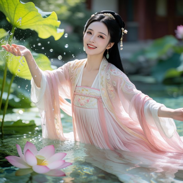 Cinematic shot, a breathtakingly stunning adult Chinese woman from ancient times playing joyfully by a crystal-clear lotus pond, mid-summer afternoon. She is wearing an exquisite, flowing silk Hanfu dress in pastel pink and white with intricate gold embroidery. Her face is porcelain-smooth, with delicate makeup, long black hair elegantly styled with jade hairpins, and a radiant, charming smile. Water droplets frozen in mid-air, sunlight filtering through lush green lotus leaves, creating dappled light on her skin. Shallow depth of field, bokeh background of traditional Chinese architecture, hyper-realistic, soft natural lighting, serene yet playful atmosphere. — Krea 2 Medium
