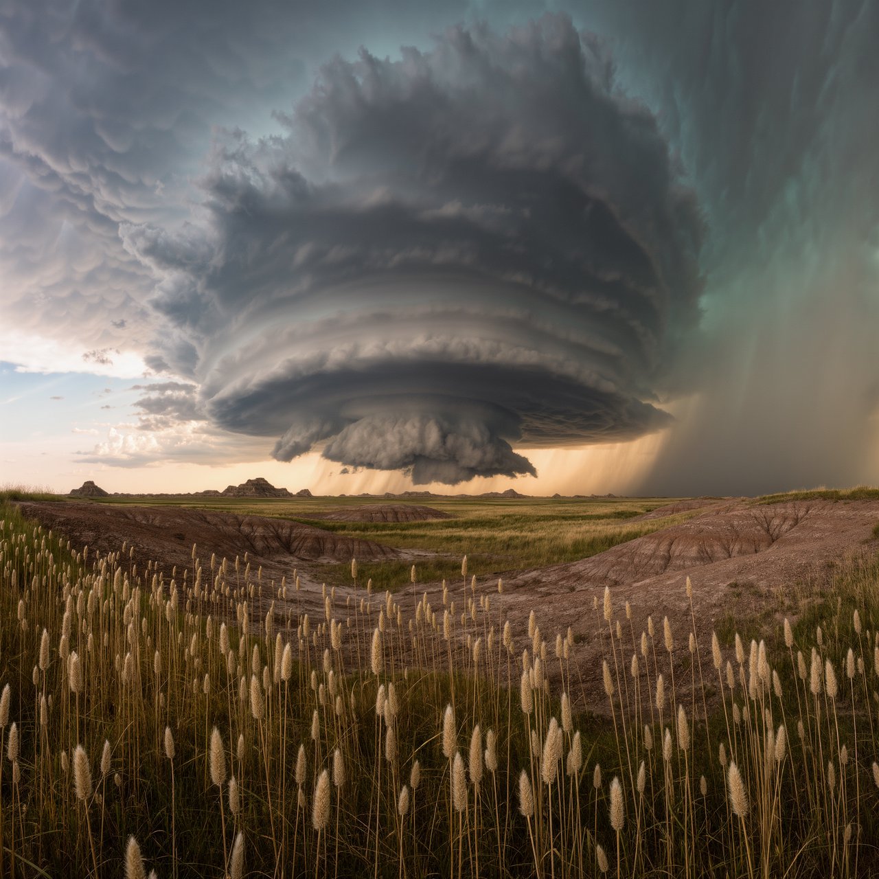 Across a tawny prairie basin, a rotating thunderstorm gathers in the late afternoon beneath bruised clouds, rain veiling distant buttes; seed heads and cracked earth in the foreground contrast with ridges softened by the advancing downpour. — Kling v3 Omni