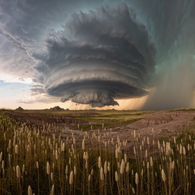 Across a tawny prairie basin, a rotating thunderstorm gathers in the late afternoon beneath bruised clouds, rain veiling distant buttes; seed heads and cracked earth in the foreground contrast with ridges softened by the advancing downpour. — Kling v3 Omni
