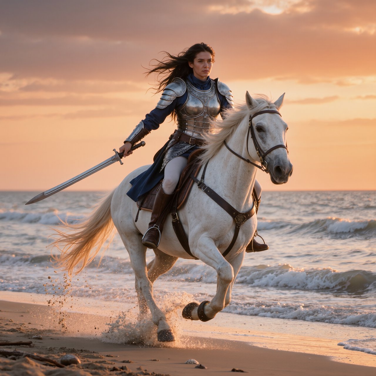An adult female warrior on her white steed galloping along a fine-sand beach at sunset. — Kling v3 Omni