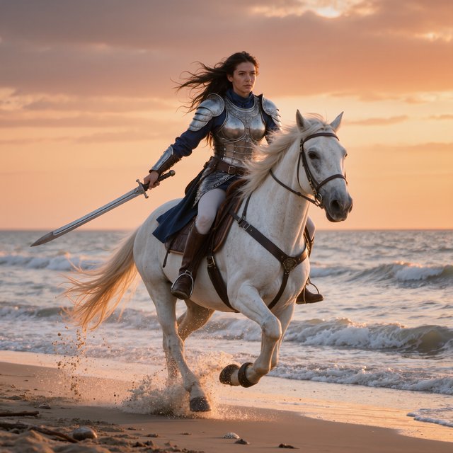 An adult female warrior on her white steed galloping along a fine-sand beach at sunset. — Kling v3 Omni