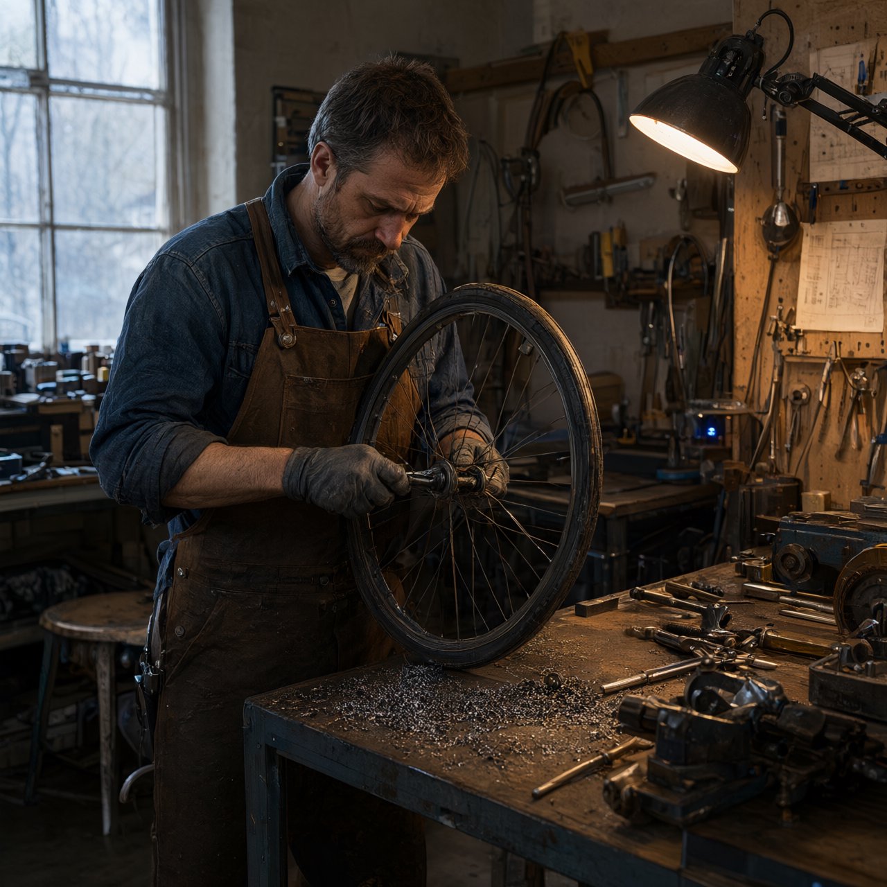 Candid documentary photograph of an adult bicycle mechanic tightening a wheel in a modest repair shop, cool window light mixing with a warm work lamp, 35mm lens with moderate depth of field, fine metal filings caught on the workbench. — Qwen Image 3.0 Pro