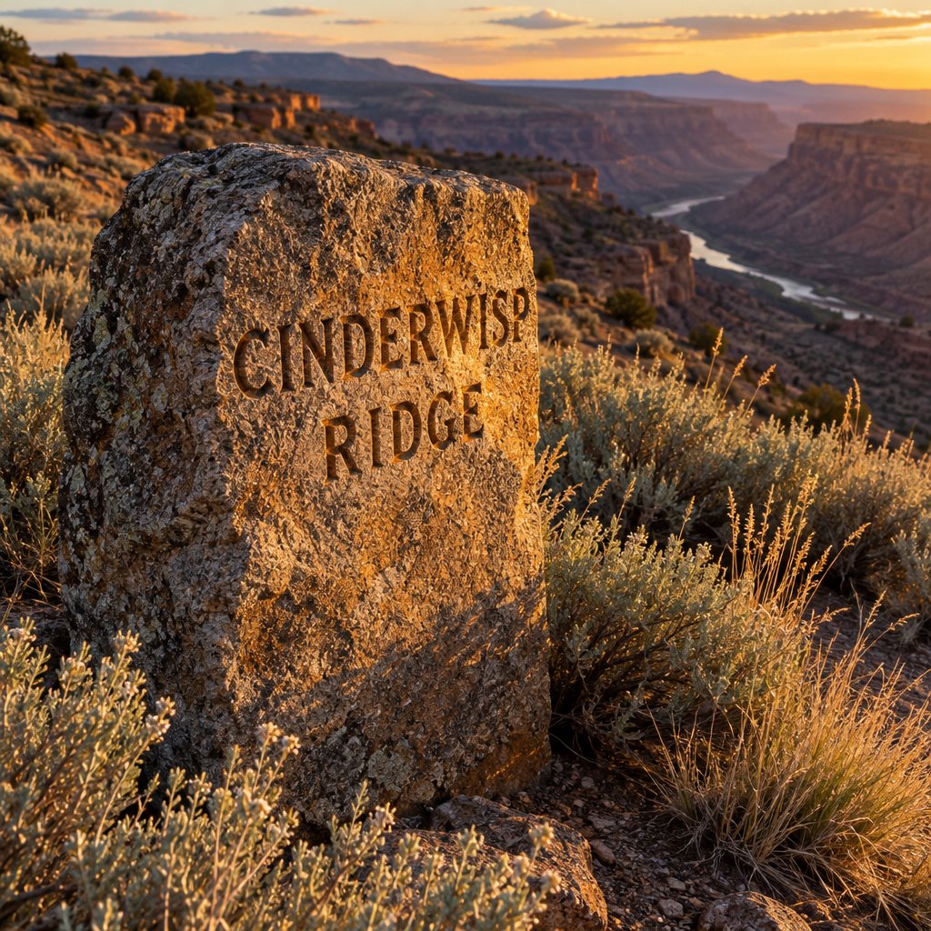 At a high desert canyon overlook, a weathered granite trail marker rises among sage and pale grasses; "CINDERWISP RIDGE" is deeply carved across its broad face, the cut letters catching slanting amber light. — GPT Image 2.5 Flare