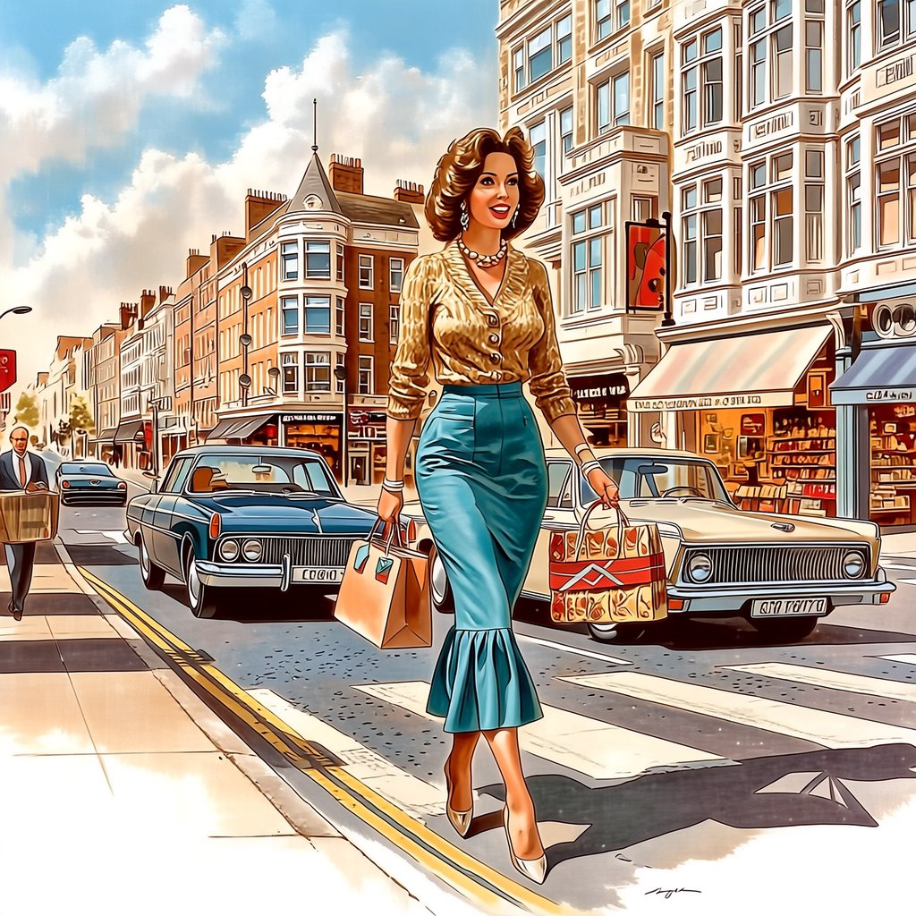 A glamorous woman walking down a busy UK high street in 1977. There are cars, buses and shops full of merchandise. Something surprising catches her eye. — Midjourney Niji 7