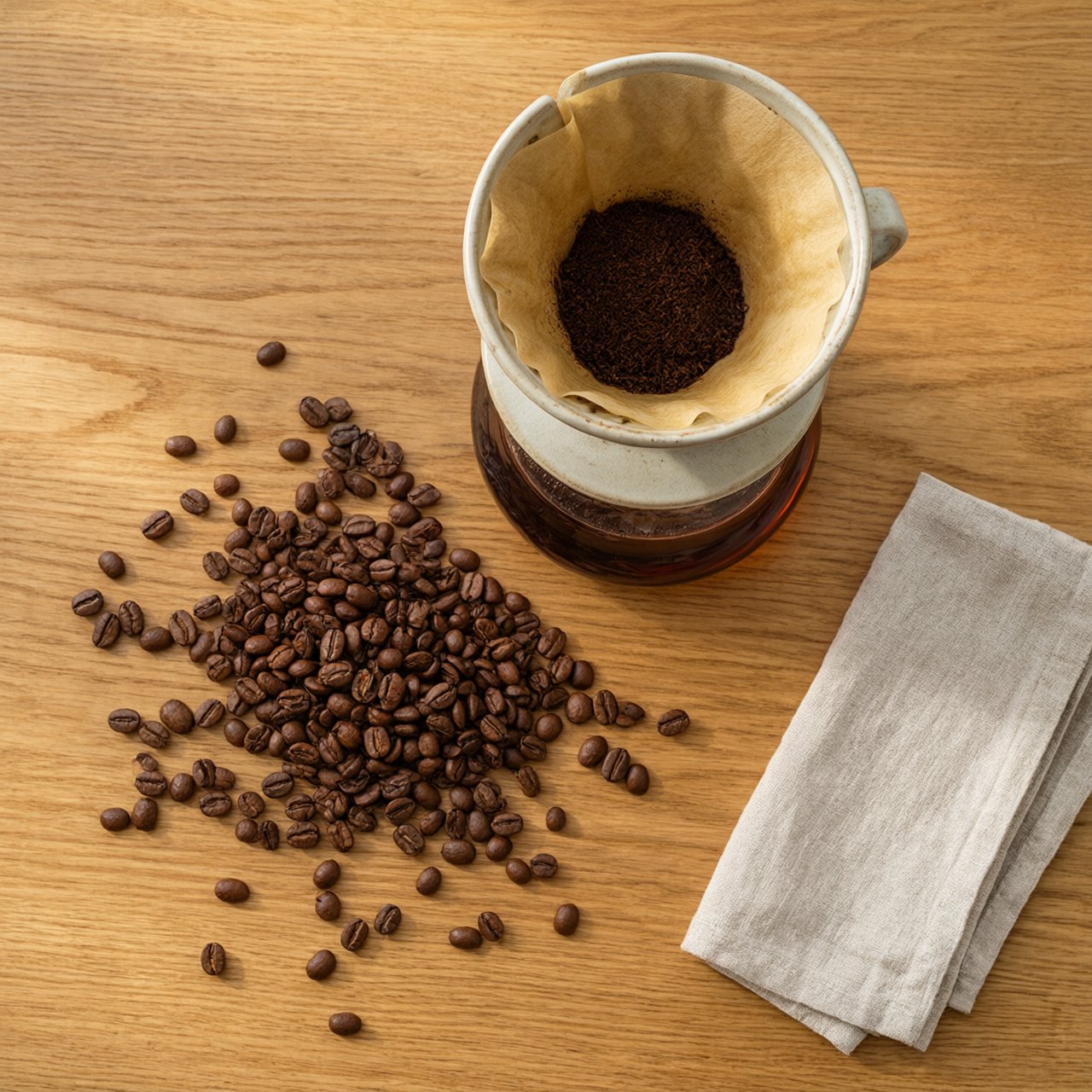 Overhead flat lay of a ceramic pour-over coffee set on oak, roasted beans scattered, a folded linen napkin, warm natural light. — Qwen Image 3.0 Pro