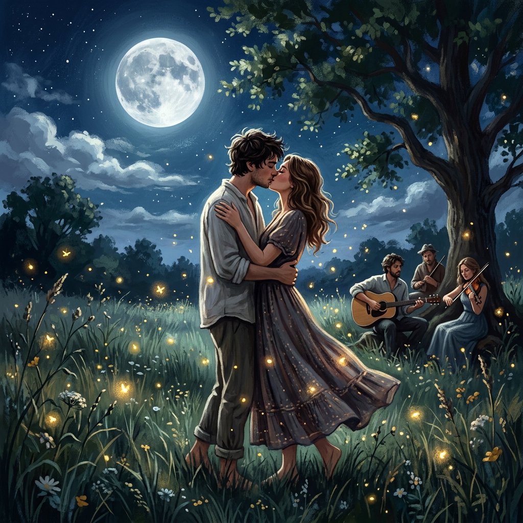 An illustration of a young adult European couple sharing a kiss while dancing in a moonlit meadow, with tall grass, fireflies, musicians playing music, and a huge silver moon overhead. — Nano Banana 2.1