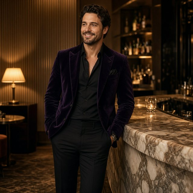 Editorial glamour photograph of an adult man in a midnight-plum dinner jacket and black trousers, standing naturally beside a sculptural marble bar in a quiet hotel lounge, flattering amber light, easy smile, polished editorial elegance. — Grok Imagine Image 2