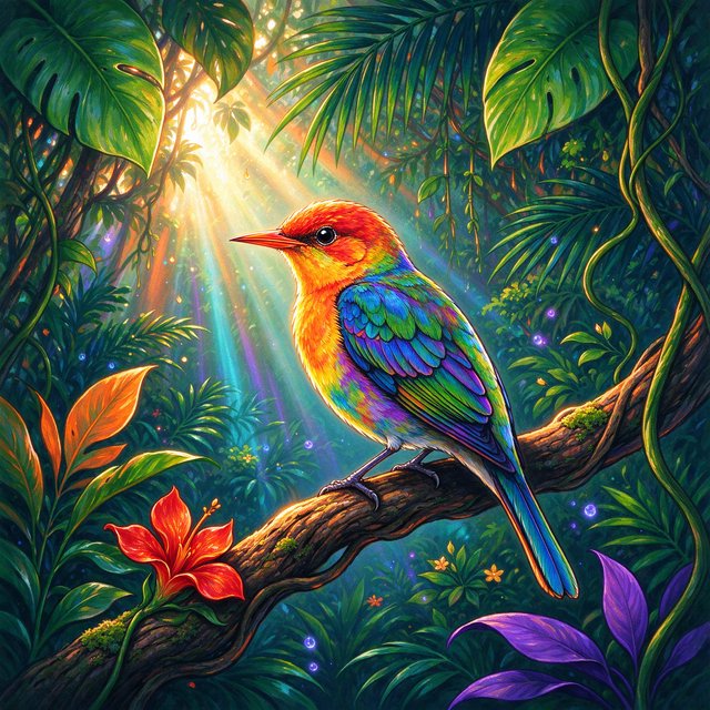 Create a vibrant digital artwork with clean lines depicting a small, colorful bird in the jungle. Combine rich, warm tones—such as soft orange, bold red, and dynamic yellow—with cool colors like brilliant blue, emerald green, and radiant violet. The atmosphere should feel fairytale-like, enhanced by striking lighting that underscores the scene's magic. Use bright, bold colors harmoniously to create a balanced composition. The overall style should be imaginative and captivating, transporting the viewer to another world. — Seedream 5.0 Flash