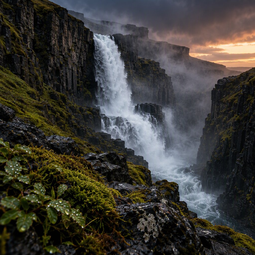After a passing squall, a waterfall drops through a narrow basalt gorge at dusk, its white plume breaking against dark ledges; rain-beaded moss and sharp foreground stones lead toward cliffs fading behind drifting spray. — GPT Image 2.5 Flare