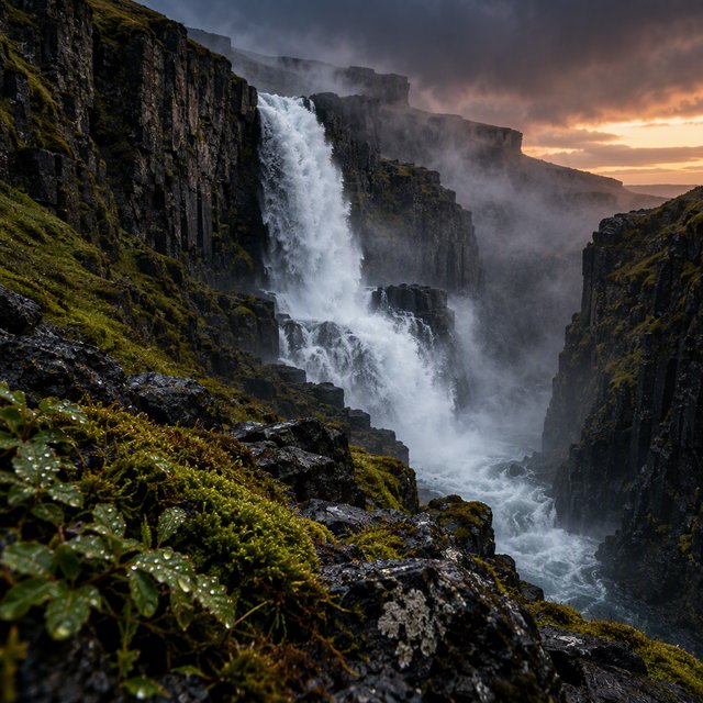 After a passing squall, a waterfall drops through a narrow basalt gorge at dusk, its white plume breaking against dark ledges; rain-beaded moss and sharp foreground stones lead toward cliffs fading behind drifting spray. — GPT Image 2.5 Flare