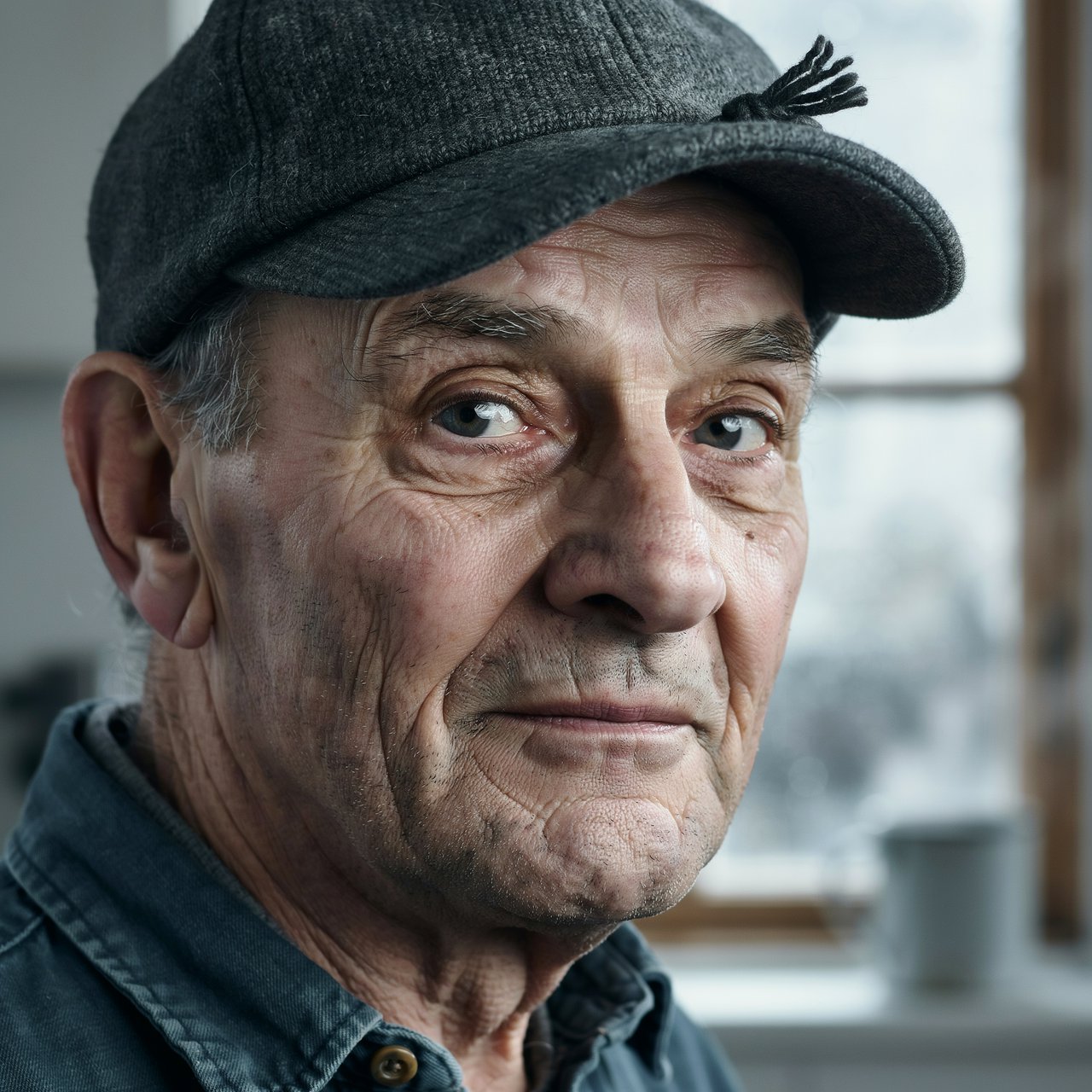 Close-up portrait of an elderly fisherman with deep wrinkles and a knitted cap, catchlights in the eyes, weathered skin texture, soft window light. — Ideogram v4