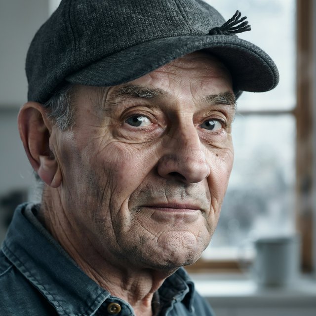Close-up portrait of an elderly fisherman with deep wrinkles and a knitted cap, catchlights in the eyes, weathered skin texture, soft window light. — Ideogram v4