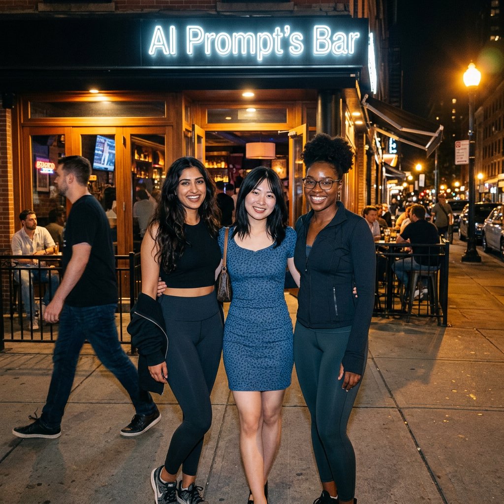Photorealistic image, late at night. The image shows a pretty 21-year-old Japanese woman wearing a blue dress that fits her body. Next to her is a pretty 24-year-old Indian woman wearing a crop top and leggings that fit her. Another is a pretty Black woman, age 23–27, wearing gym wear and glasses. They are having a group photo in front of a bar called “AI Prompt’s Bar.” The image shows full front, back, and side views of the women. Vibe: busy friends who finally made time to hang out. — Nano Banana 2.1
