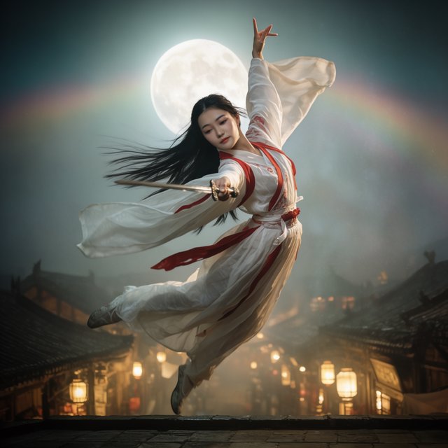 Elegant young adult Chinese female dancer performing a sword dance on a rooftop in ancient China at night, wearing flowing hanfu in primary white with secondary red accents. She leaps high in midair with her body arched backward, sword arm thrust forward, while her other arm rises gracefully above her with the hand forming delicate orchid fingers. Frontal three-quarter view, long black hair and sleeves flowing, expressive elegant pose, lantern-lit ancient city below, glowing rooftops and streets, romantic moonlit atmosphere. — Krea 2 Large