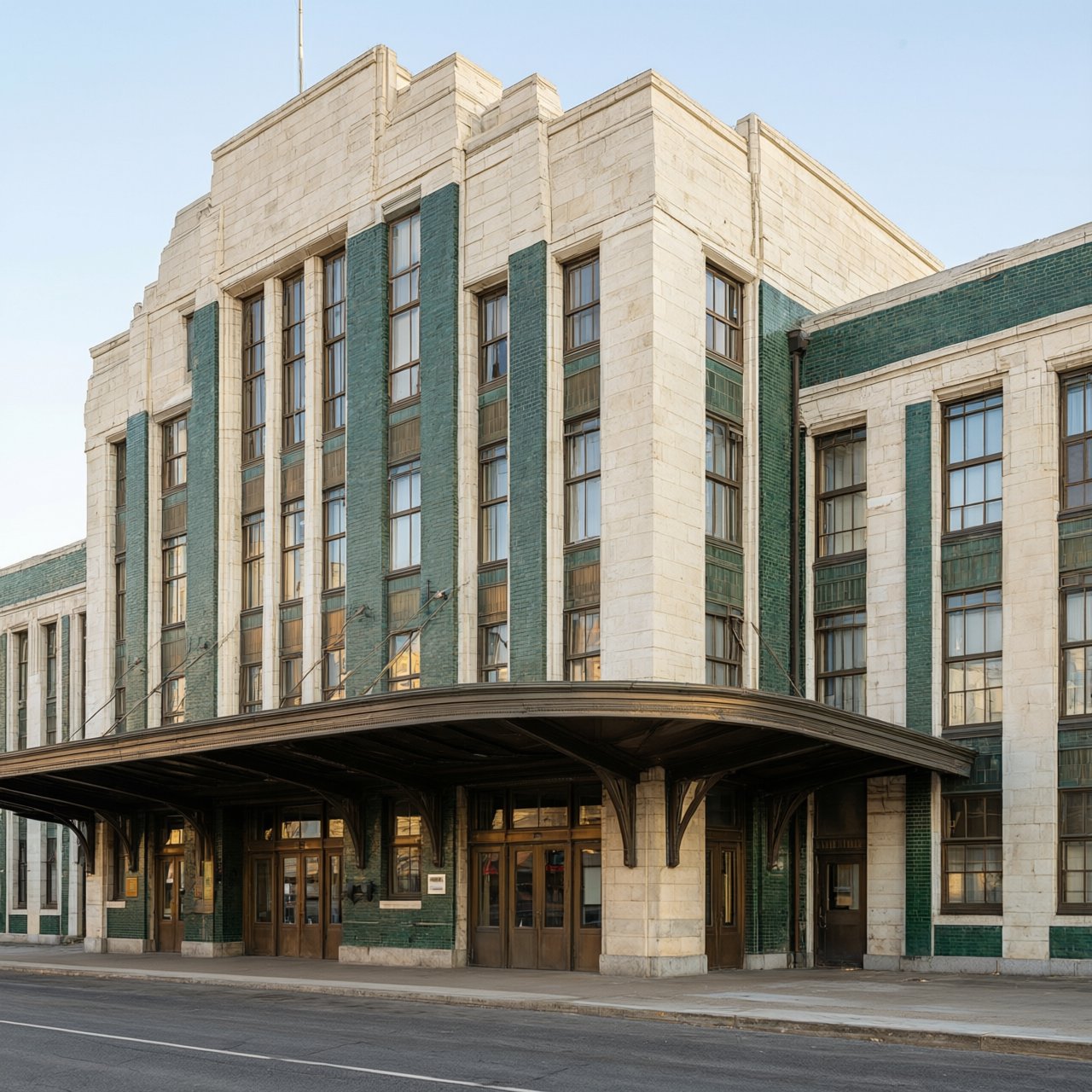 Exterior of an Art Deco railway terminal in pale limestone and dark green glazed brick, with stepped massing, bronze-framed windows, and a broad canopy; clear winter morning light, viewed from the station forecourt, precise lines and credible structure. — Qwen Image 3.0 Pro