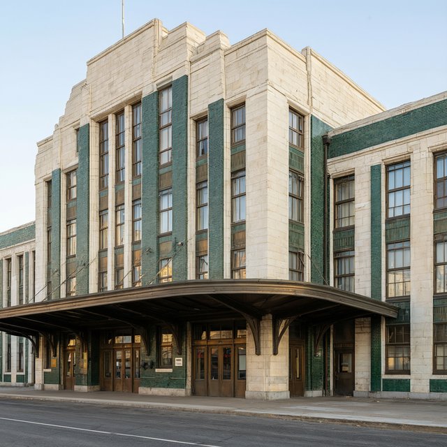 Exterior of an Art Deco railway terminal in pale limestone and dark green glazed brick, with stepped massing, bronze-framed windows, and a broad canopy; clear winter morning light, viewed from the station forecourt, precise lines and credible structure. — Qwen Image 3.0 Pro