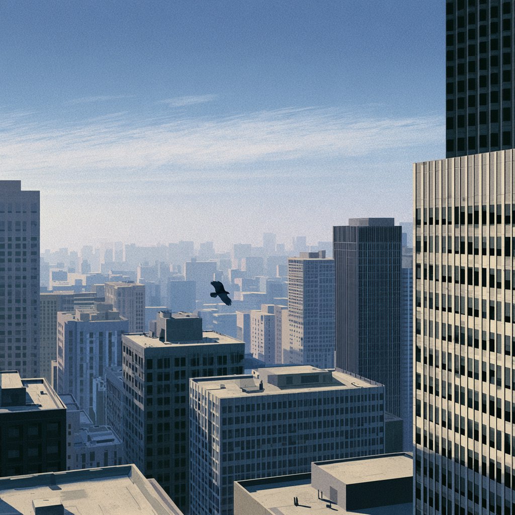 Clean cel-shaded painted cityscape, wide high-angle elevated rooftop level shot looking out over dense modern downtown office buildings, small dark winged figure hovering above central midground rooftops, pale overcast deep blue sky with wispy white clouds, diffused even daylight lighting with soft subtle ambient shadows, muted cool grey, beige, blue building facades with uniform office windows, flat concrete building rooftops, receding hazy distant city skyline with atmospheric perspective, eye level relative to building tops, no outlines, smooth flat color rendering, no grain. — Midjourney V8.2