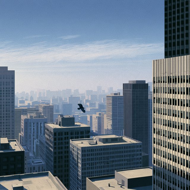 Clean cel-shaded painted cityscape, wide high-angle elevated rooftop level shot looking out over dense modern downtown office buildings, small dark winged figure hovering above central midground rooftops, pale overcast deep blue sky with wispy white clouds, diffused even daylight lighting with soft subtle ambient shadows, muted cool grey, beige, blue building facades with uniform office windows, flat concrete building rooftops, receding hazy distant city skyline with atmospheric perspective, eye level relative to building tops, no outlines, smooth flat color rendering, no grain. — Midjourney V8.2