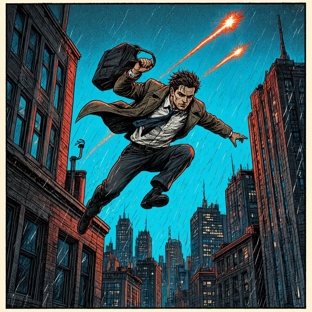 An adult rooftop courier vaults between rain-dark towers, coat snapping as signal flares streak behind; bold ink comic-panel illustration with dense halftone shadows, palette of electric cyan, vermilion, charcoal, and cream, no speech bubbles. — Qwen Image 3.0 Pro