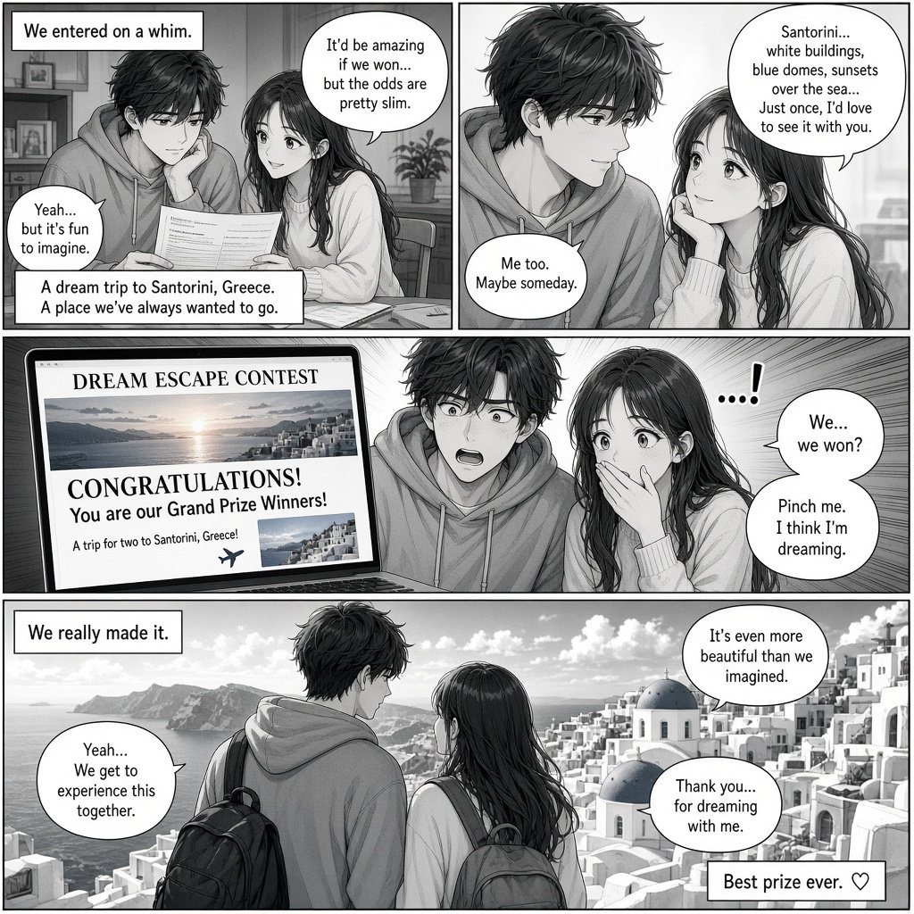 A realistic manga about a couple who entered a contest and ended up winning a trip to a place they always wanted to go. — Grok Imagine Image 2