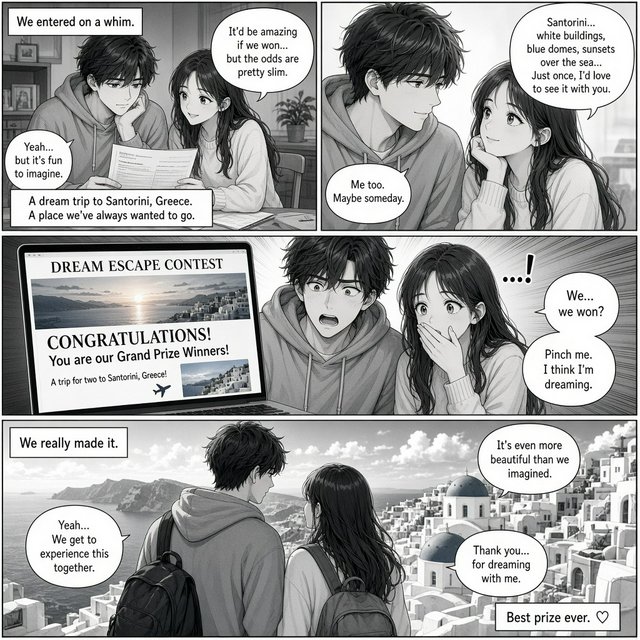 A realistic manga about a couple who entered a contest and ended up winning a trip to a place they always wanted to go. — Grok Imagine Image 2