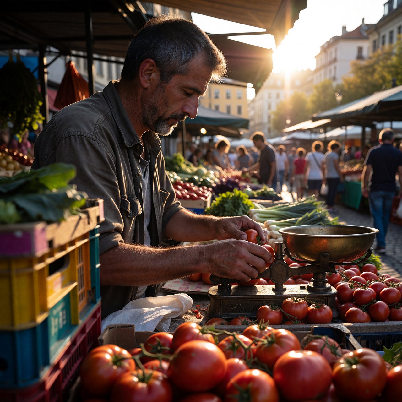 Candid street photograph of an outdoor vegetable market at golden hour, a vendor weighing tomatoes on a brass scale, shallow depth of field, 50mm lens. — ImagineArt 1.5 Pro
