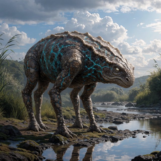 Creature design: a six-legged amphibious grazer with bioluminescent markings, shown on a riverbank, painterly. — Recraft v4 Pro