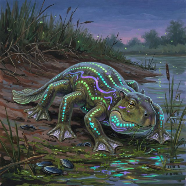 Creature design: a six-legged amphibious grazer with bioluminescent markings, shown on a riverbank, painterly. — Grok Imagine Image Quality