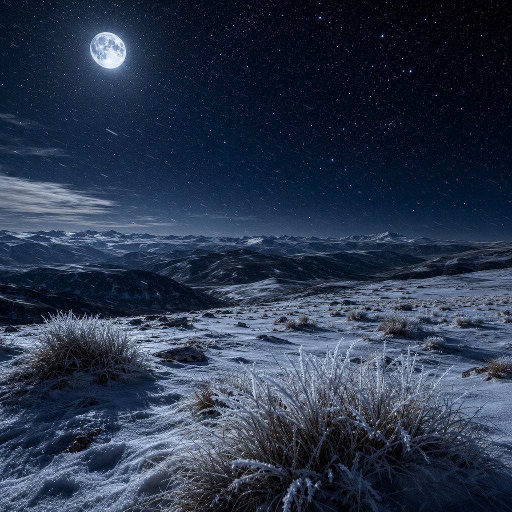 Moonlight washes a snowbound high plateau beneath sharp stars, while dry flurries cross the midnight air; frost feathers the foreground tussocks, and dark, rolling ridgelines recede into a blue-black distance. — GPT Image 2