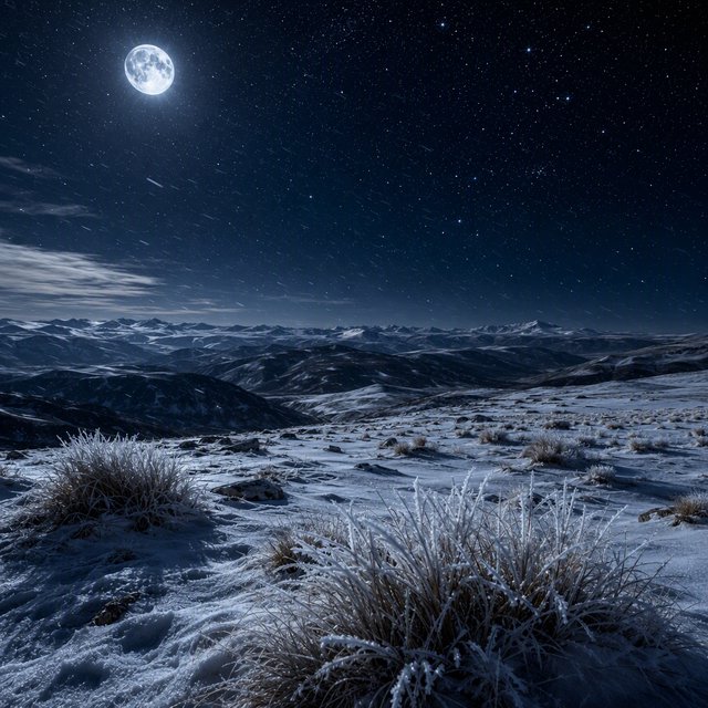 Moonlight washes a snowbound high plateau beneath sharp stars, while dry flurries cross the midnight air; frost feathers the foreground tussocks, and dark, rolling ridgelines recede into a blue-black distance. — GPT Image 2