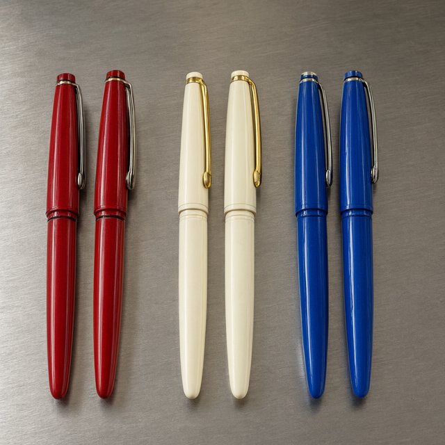 Across a brushed steel counter, exactly six fountain pens rest in three groups: two crimson pens on the left, two ivory pens in the center, and two cobalt pens on the right; nothing else. — Qwen Image 3.0 Pro