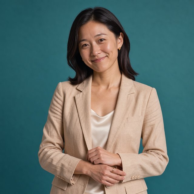 Portrait photograph of an adult woman in her early 30s wearing a pale apricot linen blazer, her hands gently smoothing its cuff. She looks quietly delighted against a deep teal paper backdrop, illuminated by soft, angled studio light. — FLUX 3 Image