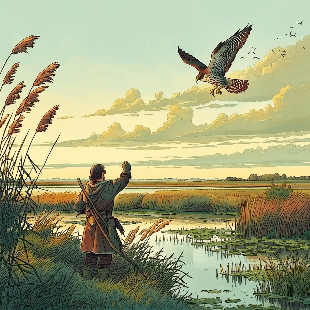 Ink-and-gouache illustration of an adult falconer releasing a hawk above a salt marsh, reeds bending in the wind and tidal pools catching sunset. Palette of rust, moss green, pale gold, and slate blue, with lively brushwork. — Midjourney Niji 7