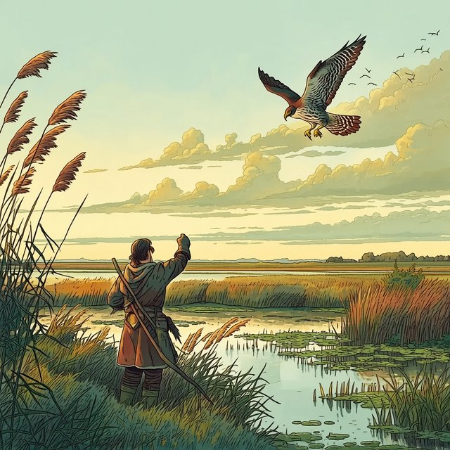 Ink-and-gouache illustration of an adult falconer releasing a hawk above a salt marsh, reeds bending in the wind and tidal pools catching sunset. Palette of rust, moss green, pale gold, and slate blue, with lively brushwork. — Midjourney Niji 7