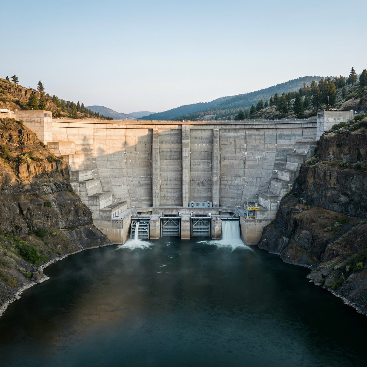 A broad hydroelectric dam in contemporary Brutalist engineering style spans a rocky gorge, its pale concrete face anchored by dark basalt abutments and steel gates; cool dawn light, viewed from downstream, with convincing load-bearing geometry. — Ideogram v4