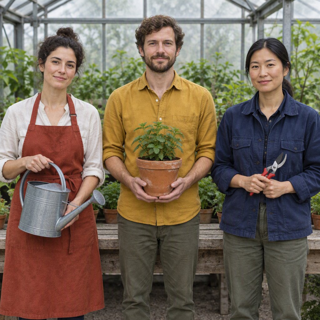 At a quiet greenhouse bench, exactly three adult botanists stand in a row: left wears a rust-red apron and holds a watering can, center wears a mustard shirt and holds a terracotta pot, right wears a navy jacket and holds pruning shears; nothing else. — GPT Image 2.5 Flare