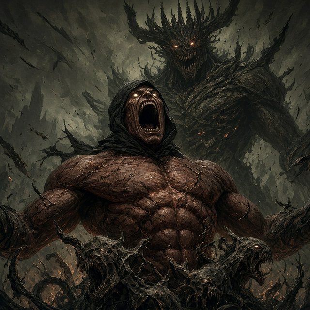 A colossal muscular berserker erupts in a primal roar, framed from the waist upward at a dramatic low angle. His head tilts back, glowing ivory eyes fixed upward, mouth stretched impossibly wide with clearly defined teeth and a cavernous dark interior. A close-fitting black hood frames his angular face, while his bare bronze-red torso displays monumental musculature, fine scars, and jagged surface fissures. Both upper arms thrust outward, elbows and hands beyond the frame, creating a broad, forceful silhouette. Behind him looms a towering obsidian demon with a crown of needlelike horns, scattered ember eyes, a serrated grin, and massive shoulders formed from twisted organic armor. Smaller snarling creatures coil across the lower foreground, their skull-like heads and hooked tendrils overlapping his waist. Razor-shaped fragments sweep diagonally through the scene, directing attention toward his illuminated face and chest. A ruined abyss recedes through smoky olive-green and charcoal haze. — Grok Imagine Image 2