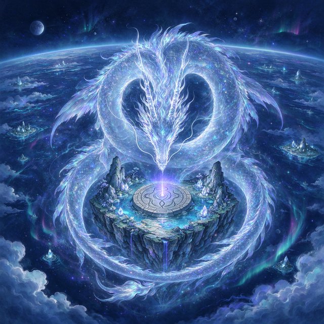 Whispers of mythic power coalesce into a spectral dragon, its form translucent and shimmering with auroral light, coiled around a floating island within a boundless celestial sea. Star-filled oceans stretch to the horizon, dotted with shimmering celestial bodies. The art style blends ethereal fantasy illustration with a subtle nod to ancient mythology, focusing on flowing lines and soft, glowing colors. The atmosphere is one of profound mystery and ancient magic. — Seedream 5.0 Flash