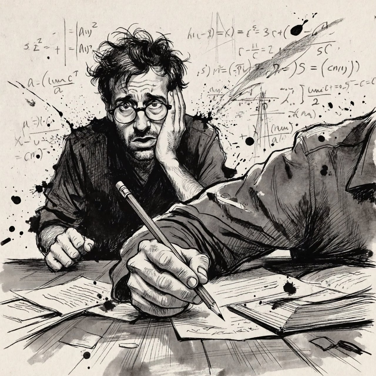 Energetic ink splattering + bold caricature contours + precise tonal modeling, where energetic ink splattering creates chaotic surface energy through varied line weight and ink blots, bold caricature contours produce simplified forms via thick and thin ink outlines, and precise tonal modeling infuses fine parallel line hatching. The fusion manifests as layered hatching within loose expressive marks, transforming any subject through rapid ink application over fine parallel lines. A man with glasses, messy black hair, a short beard and a dark shirt. Medium close-up at eye level, the man seated at a desk leaning forward with wide eyes and a concerned expression, holding a pencil in his right hand while resting his left hand against his cheek, an open book and papers on the desk in front of him. Scene set at a cluttered desk in a workspace, with scattered papers, an open book and mathematical equations drawn on the wall behind. — ImagineArt 2