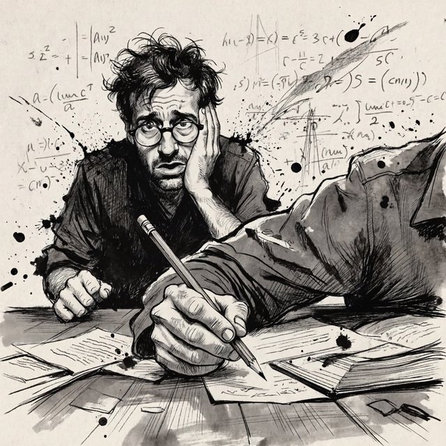 Energetic ink splattering + bold caricature contours + precise tonal modeling, where energetic ink splattering creates chaotic surface energy through varied line weight and ink blots, bold caricature contours produce simplified forms via thick and thin ink outlines, and precise tonal modeling infuses fine parallel line hatching. The fusion manifests as layered hatching within loose expressive marks, transforming any subject through rapid ink application over fine parallel lines. A man with glasses, messy black hair, a short beard and a dark shirt. Medium close-up at eye level, the man seated at a desk leaning forward with wide eyes and a concerned expression, holding a pencil in his right hand while resting his left hand against his cheek, an open book and papers on the desk in front of him. Scene set at a cluttered desk in a workspace, with scattered papers, an open book and mathematical equations drawn on the wall behind. — ImagineArt 2