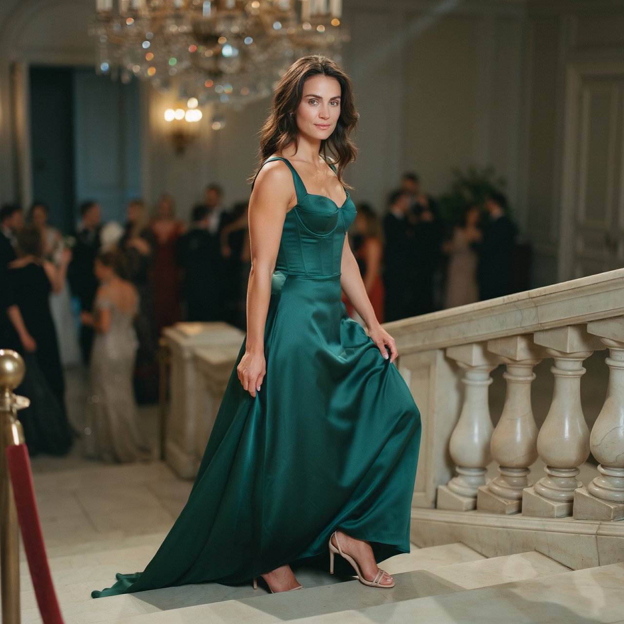 A 28-year-old, 6-foot-tall woman with wavy brunette hair falling just past her shoulders, olive skin, an oval face with soft angular cheekbones, and striking deep green eyes. She has a hyper-muscular, athletic physique built from intense heavy weightlifting and CrossFit — broad shoulders, defined arms, a strong back, and visible core and bulging leg muscle definition — giving her a powerful, statuesque build. Her expression is confident and composed. She stands on a grand staircase at an evening gala, wearing a floor-length emerald-green evening gown with a fitted bodice and flowing skirt, paired with strappy high-heeled sandals. Warm golden ambient lighting from chandeliers, soft bokeh in the background, glamorous high-fashion editorial photography style, fabric drape and skin texture. — Ideogram v4