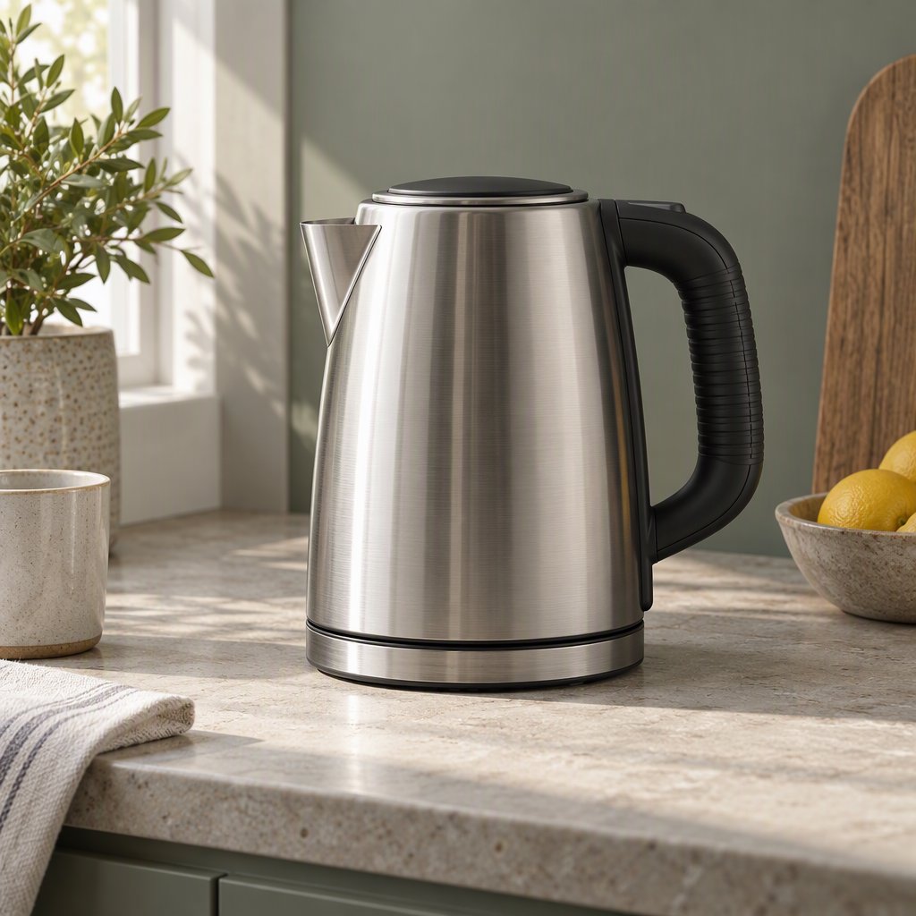 Morning daylight spills across a kitchen counter, revealing an unbranded electric kettle in satin stainless steel with a ribbed heat-resistant polymer handle. It sits on honed limestone against a muted sage backsplash, with window light and white bounce fill; commercial product image, no lettering. — GPT Image 2.5 Sunburst