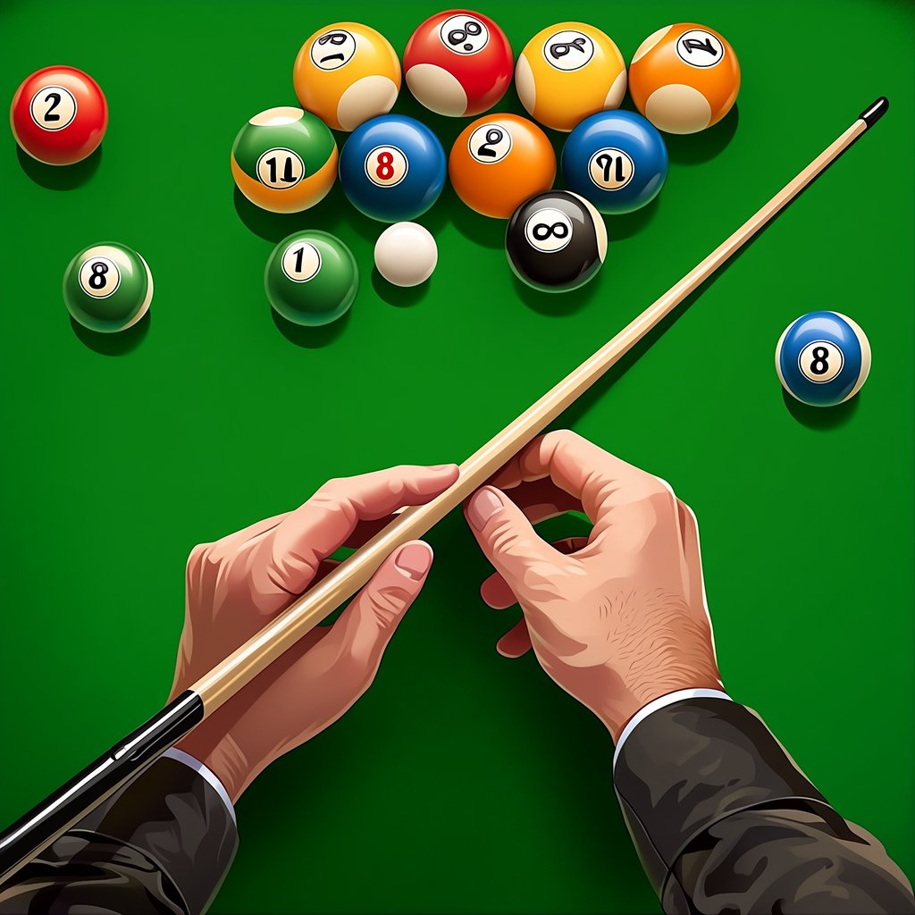 First-person perspective of an adult pool player’s left hand holding the cue, aiming the white cue ball at the black 8-ball and intending to pocket it in the center pocket. — Midjourney Niji 7