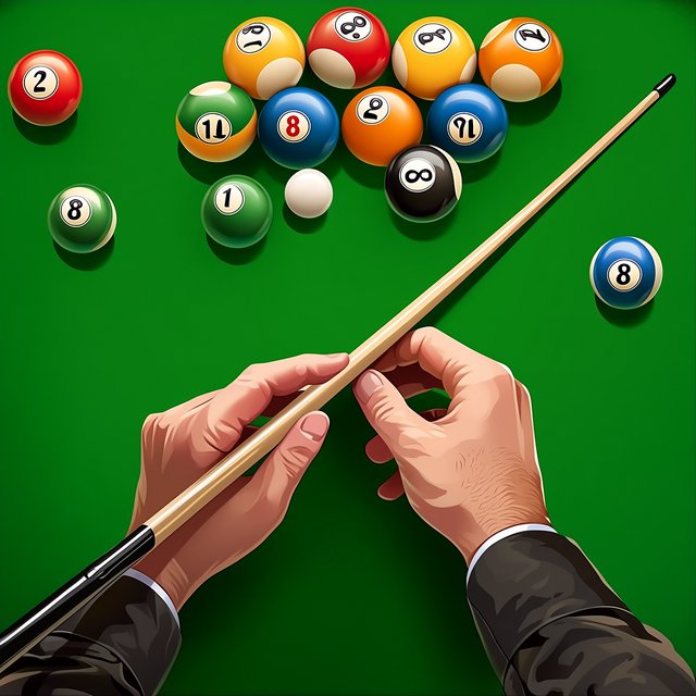 First-person perspective of an adult pool player’s left hand holding the cue, aiming the white cue ball at the black 8-ball and intending to pocket it in the center pocket. — Midjourney Niji 7