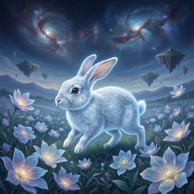An ethereal rabbit, its fur made of shimmering moonlight, hops through a field of glowing, otherworldly flowers under a sky filled with nebulae. The landscape is dreamlike and surreal, with floating islands in the distance. The style is a delicate digital painting with fantasy elements, evoking a sense of wonder and tranquility. — Qwen Image 3.0