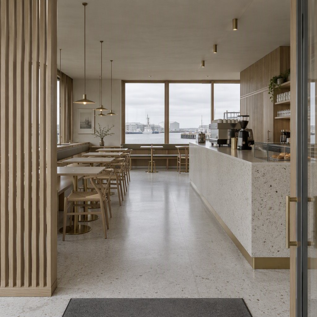 Inside an empty harbor café, restrained Danish modern design pairs ash slat screens, pale terrazzo, and brushed brass; overcast window light reaches the counter, viewed from the entrance, with aligned joinery and believable supports. — GPT Image 2.5 Flare