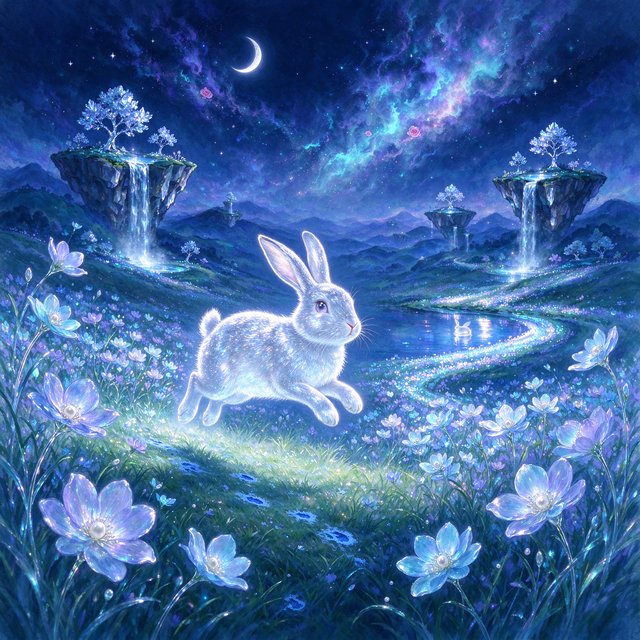 An ethereal rabbit, its fur made of shimmering moonlight, hops through a field of glowing, otherworldly flowers under a sky filled with nebulae. The landscape is dreamlike and surreal, with floating islands in the distance. The style is a delicate digital painting with fantasy elements, evoking a sense of wonder and tranquility. — Seedream 5.0 Flash