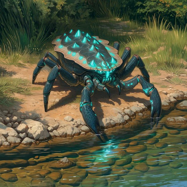 Creature design: a six-legged amphibious grazer with bioluminescent markings, shown on a riverbank, painterly. — Midjourney Niji 7