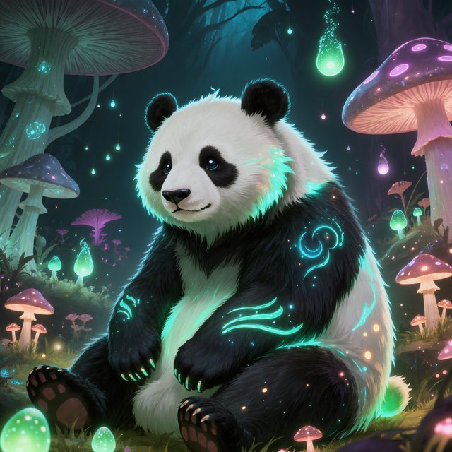 A bioluminescent panda bear, its fur patterns glowing with neon blues and vibrant greens, sits peacefully amidst a grove of luminous, alien flora. Giant, pulsing mushrooms and floating orbs of light create an otherworldly ambiance. The background fades into an inky blackness, making the glowing elements pop. Style: Sci-fi fantasy illustration with sharp, defined lines and glowing contrasts, drawing inspiration from futuristic concept art. — Kling v3 Omni