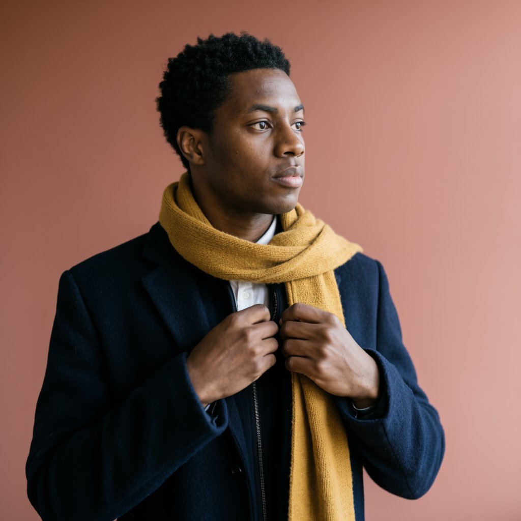 Editorial portrait of an adult Black man in his 30s wearing a deep navy wool overcoat and mustard scarf, fingers adjusting the scarf, thoughtful expression, muted terracotta studio backdrop, crisp cool window light. — Krea 2 Large